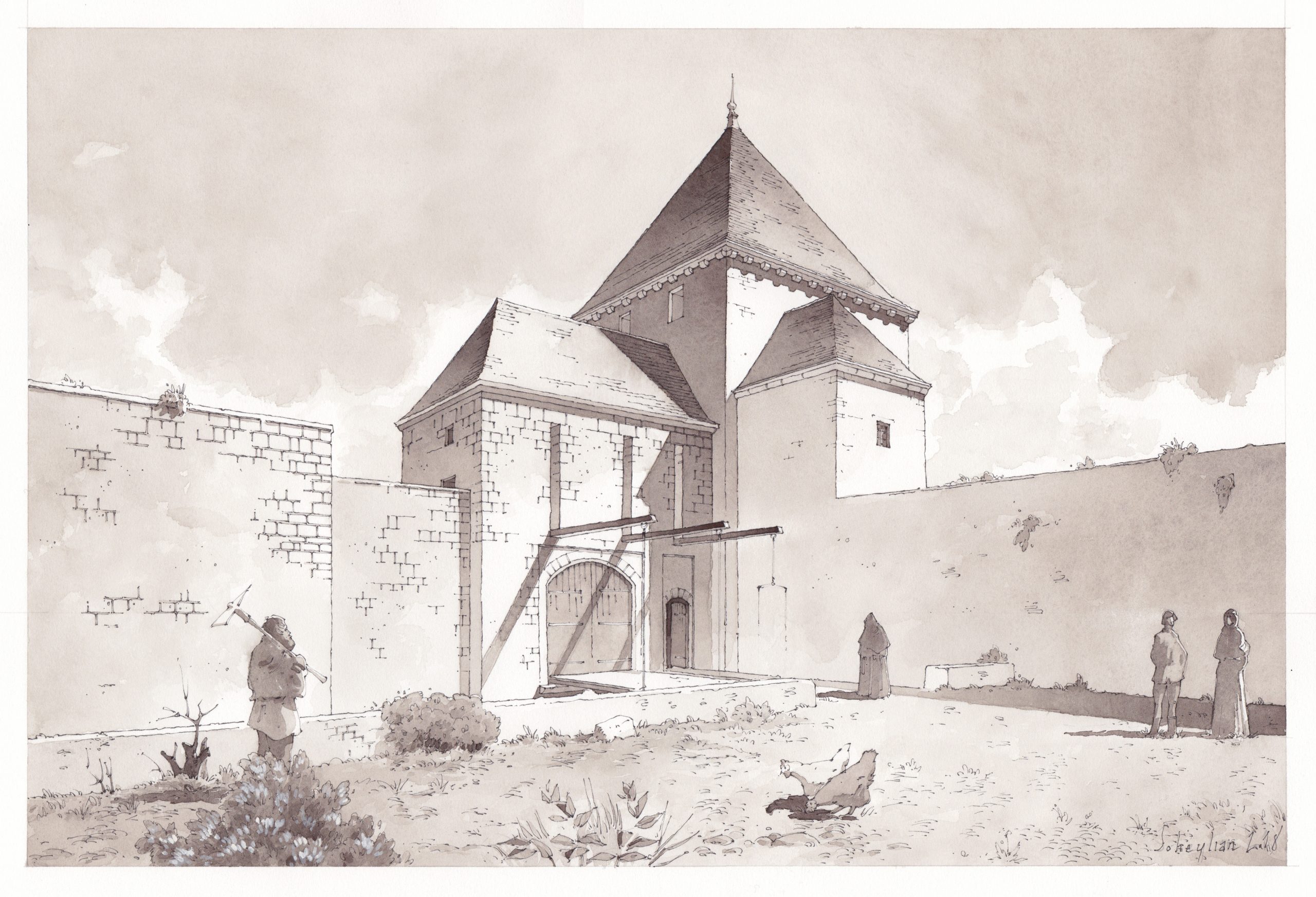Fossé, pont-levis et entrée du château de Montbard au XIVe siècle vus depuis la basse-cour