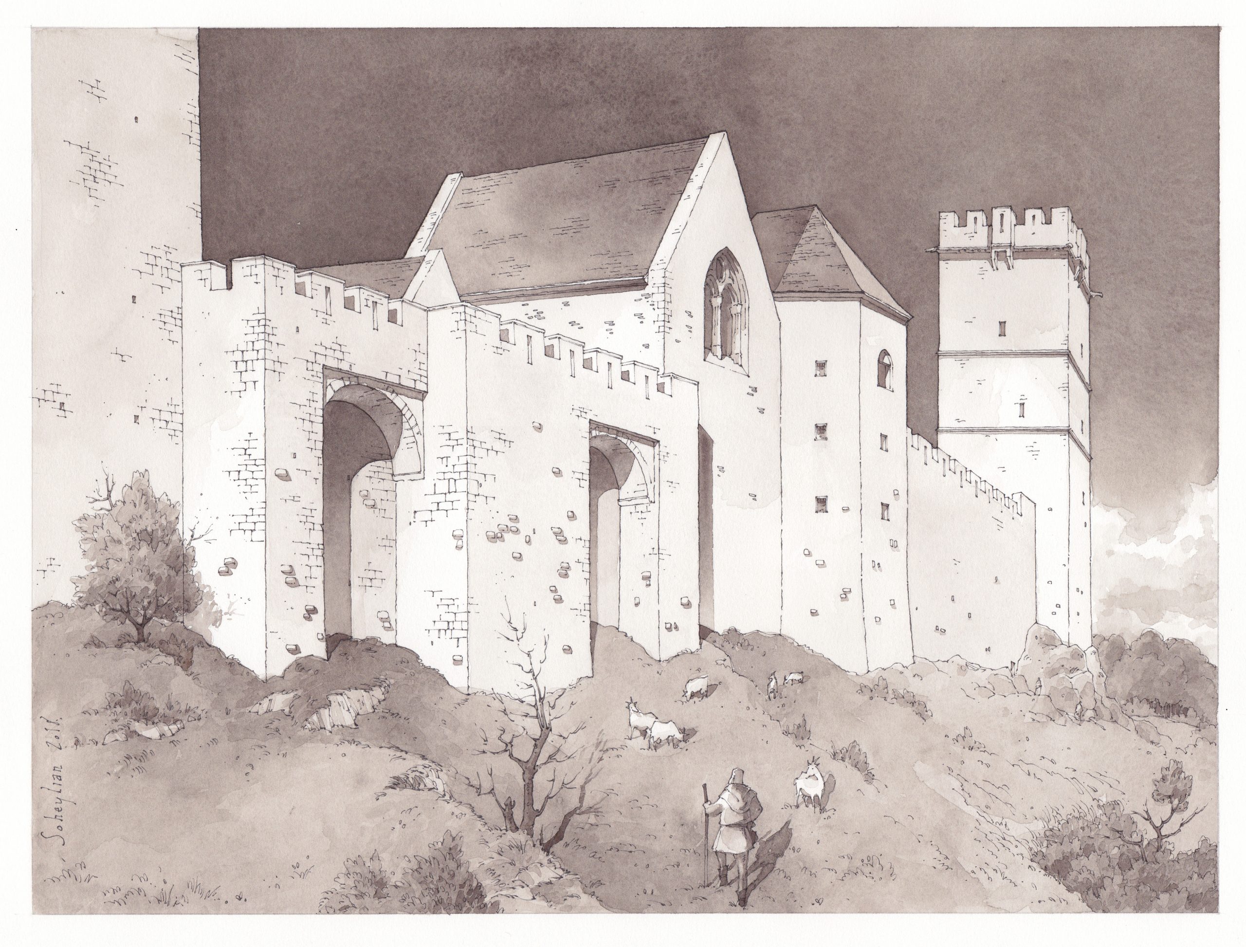 La muraille, les grandes caves, la chapelle Saint-Louis, la tour des Cordeliers au XIVe siècle vus depuis l’extérieur