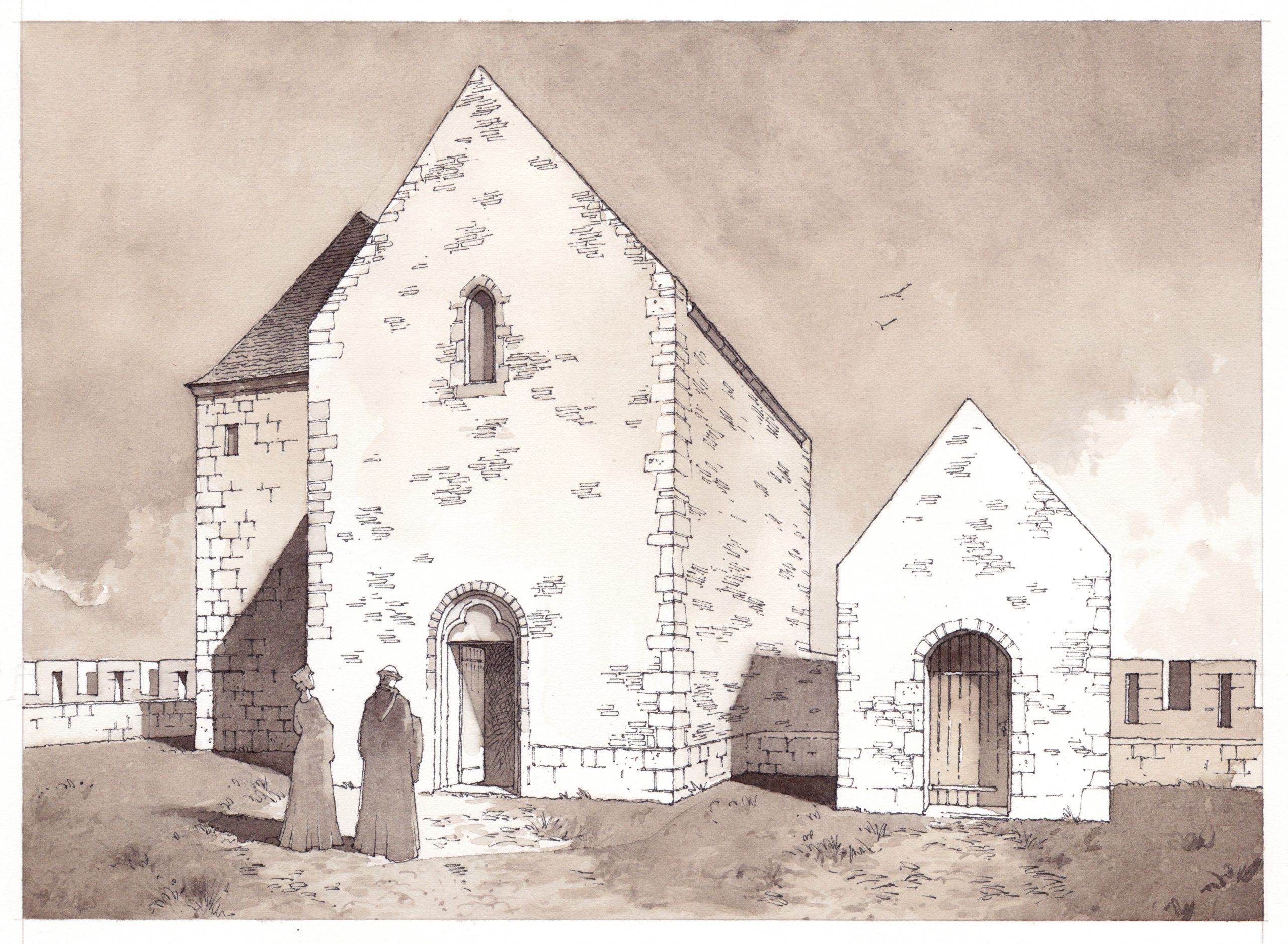 La chapelle Saint-Louis, la tour des Cordeliers et l’accès aux grandes caves au XIVe siècle vus depuis la cour intérieure